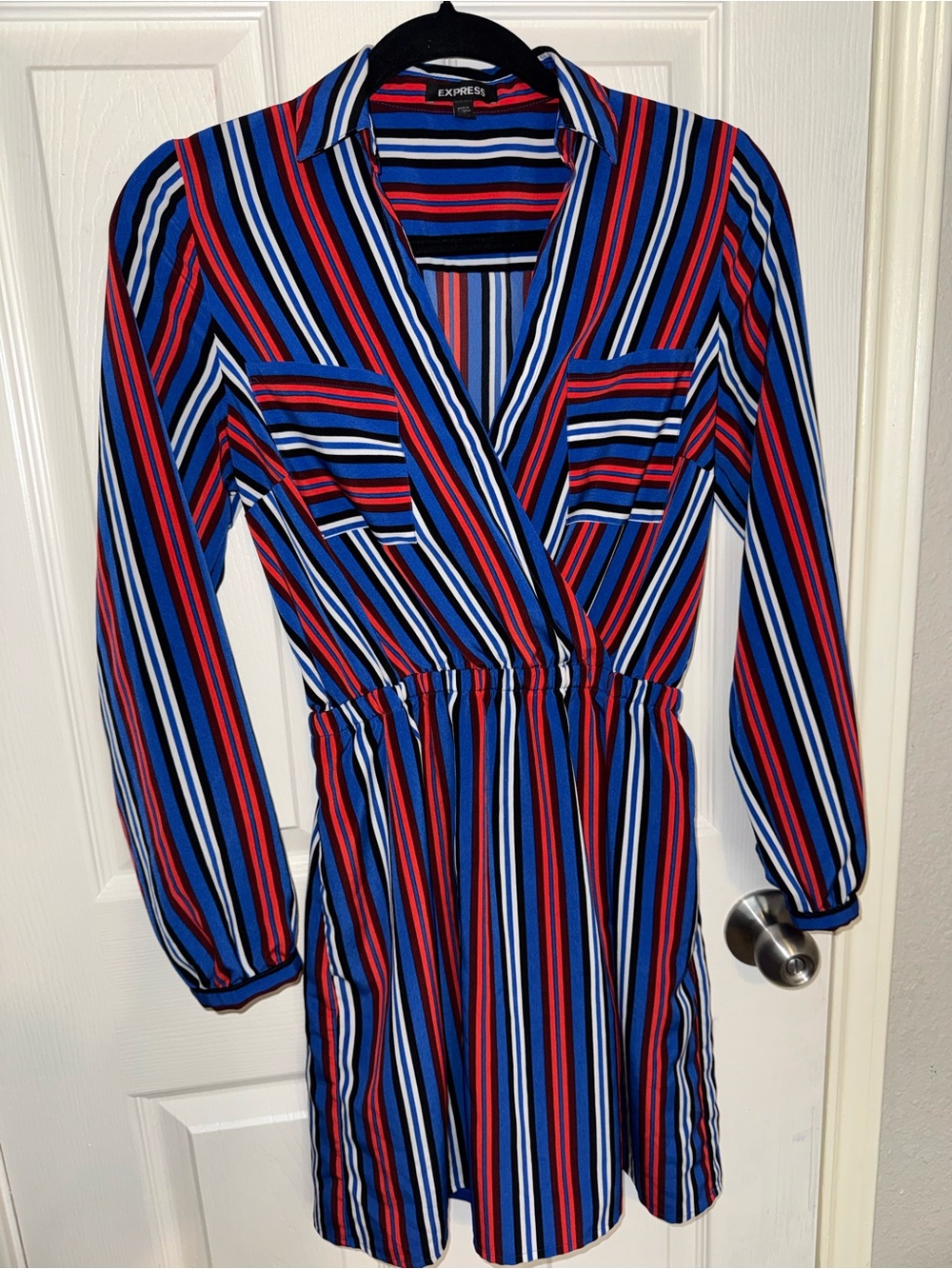 Express Striped Wrap-Style Long Sleeve Dress in Blue, Red & White